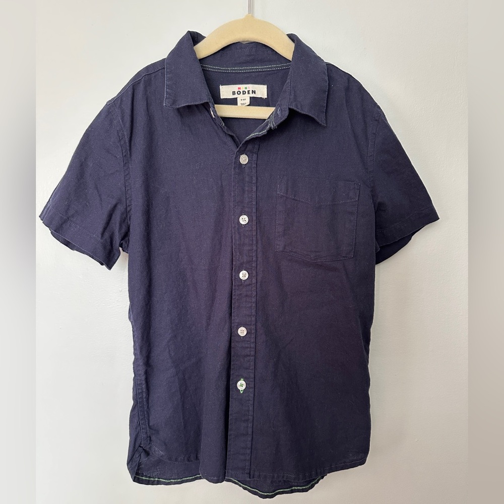 Mini Boden Boys Navy Blue Linen Shirt, 9-10y, Boys Summer Button Down